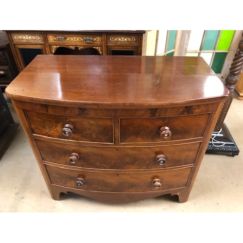 174 - Antique furniture, 19c polished Mahogany Bow fronted chest of drawers, run of two drawers with two a... 