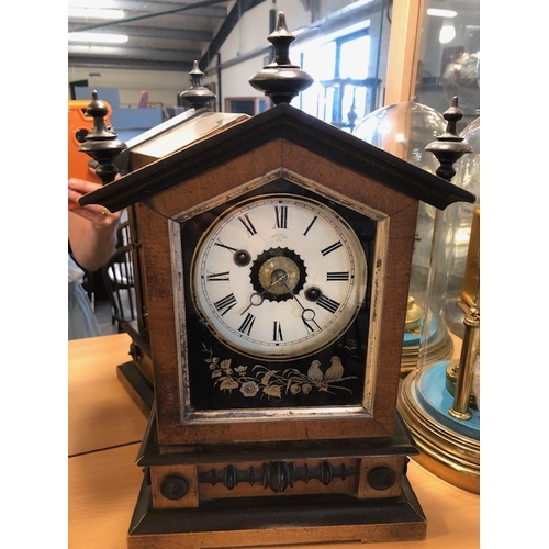 227 - Antique clocks, a brass clock with enamel dial by Gustav Becker under glass dome and a wooden cased ... 