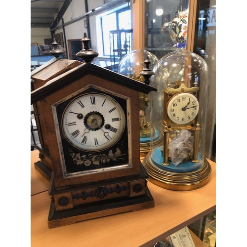 227 - Antique clocks, a brass clock with enamel dial by Gustav Becker under glass dome and a wooden cased ... 