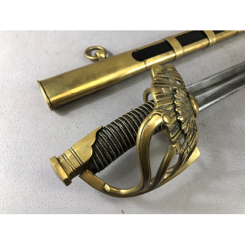 217 - Swords, French Napoleonic style sword, double fullered blade with brass half shell hilt, leather wir... 