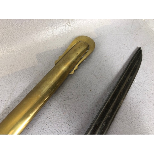 217 - Swords, French Napoleonic style sword, double fullered blade with brass half shell hilt, leather wir... 