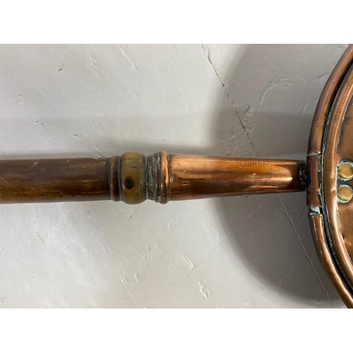 108 - Antique copper bed warming pan with  chased decoration to front, turned wooden spindle handle