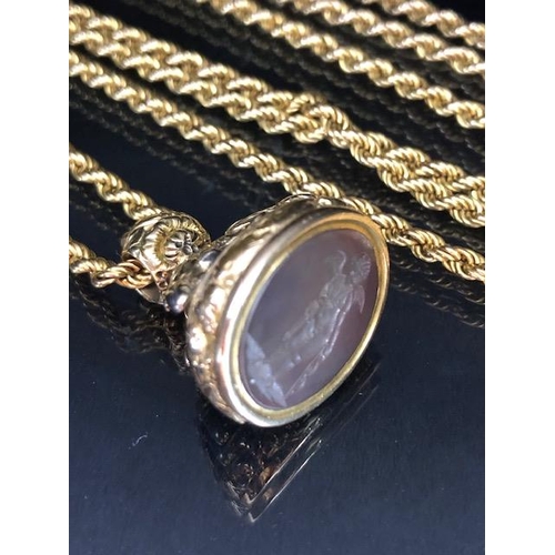 10a - 9ct Gold Long Guard twisted rope chain with Georgian seal fob intaglio Hardstone depicting Cupid. Ch... 