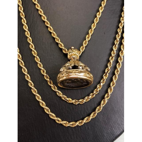 10a - 9ct Gold Long Guard twisted rope chain with Georgian seal fob intaglio Hardstone depicting Cupid. Ch... 