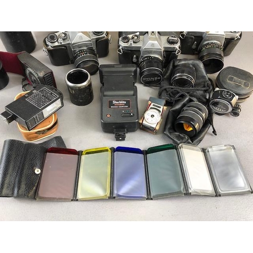 110 - Vintage Cameras,  Asahi Pentax 35mm, and case, Pentax Spotmatic and case, Pentax Spotmatic F and cas... 