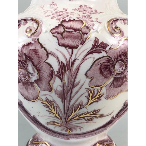 123 - Decorative China, large Victorian water jug decorated with magenta flowers  on a white background an... 