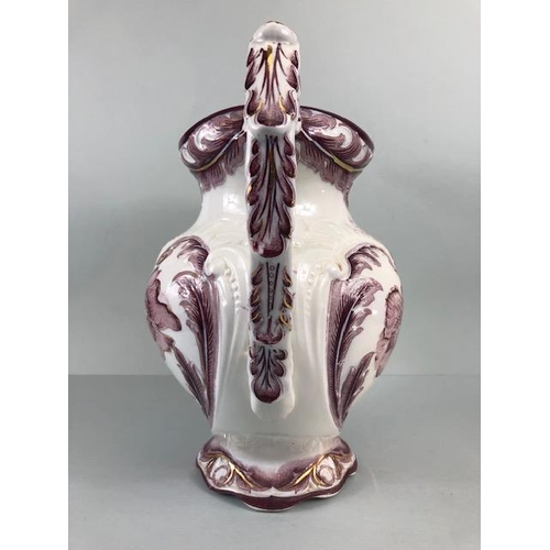 123 - Decorative China, large Victorian water jug decorated with magenta flowers  on a white background an... 