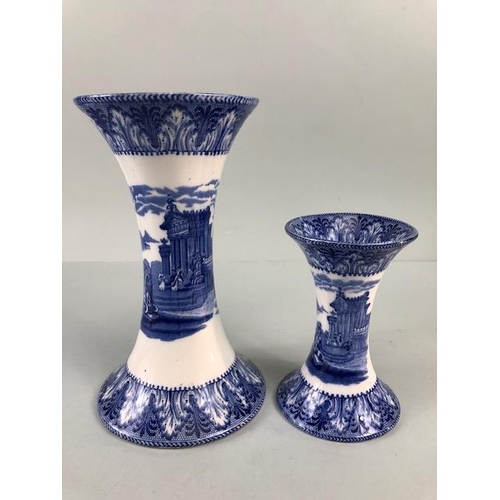 124 - Antique China, 2 Victorian blue and white Cauldon ware  spill vases, decorated with classical design... 