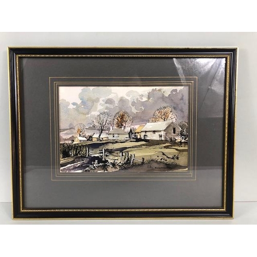 134 - Water Colour and Ink painting of a farm yard by Ray J Weston 1987 in modern frame, approximately 43 ... 