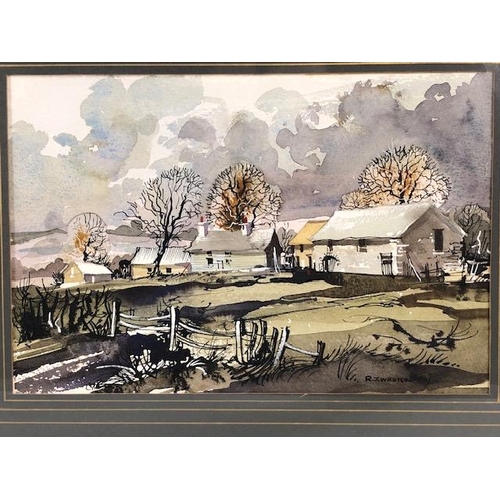 134 - Water Colour and Ink painting of a farm yard by Ray J Weston 1987 in modern frame, approximately 43 ... 