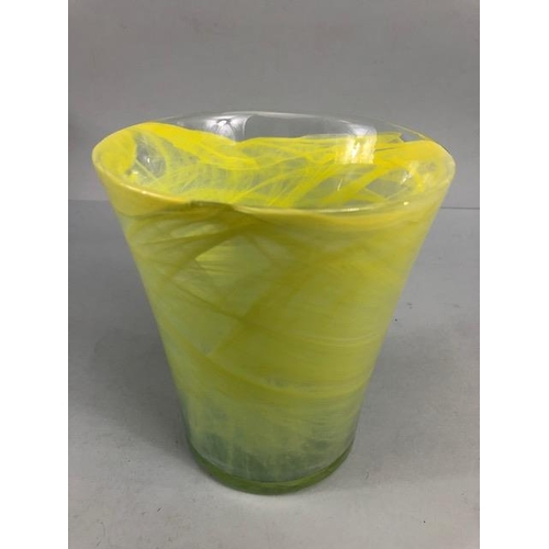 135 - Art glass, vintage Murano style yellow swirl bucket vase approximately 16.5 cm high