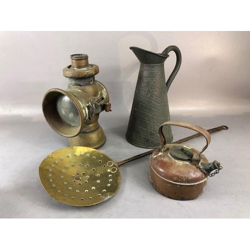 139 - Antique Brass ware, comprising of a brass Imperial Lamp, Chesnut roaster, water jug with impressed c... 