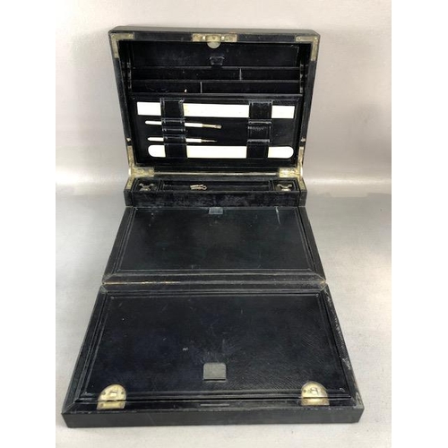 141 - Antique traveling writing box, by Parkins and Gotto 24 & 25 Oxford street, black Moroccan leather bo... 