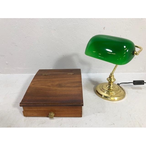 147 - Desk lamp, modern bankers table lamp with green shade on brass style base  and a modern wooden desk ... 