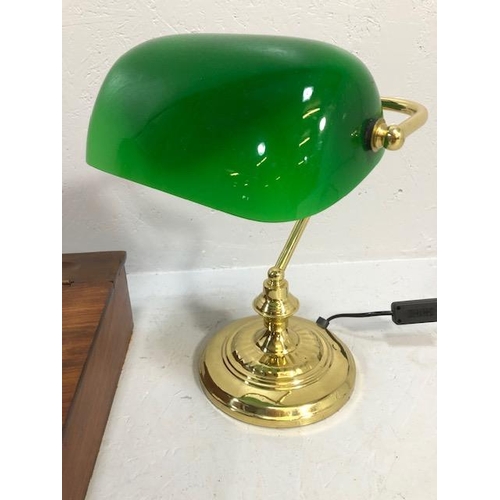 147 - Desk lamp, modern bankers table lamp with green shade on brass style base  and a modern wooden desk ... 