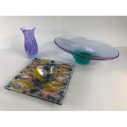 158 - Art glass , studio made multi coloured square dish with ground  pontil mark to base, approximately 1... 