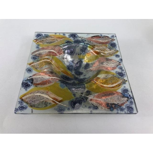 158 - Art glass , studio made multi coloured square dish with ground  pontil mark to base, approximately 1... 