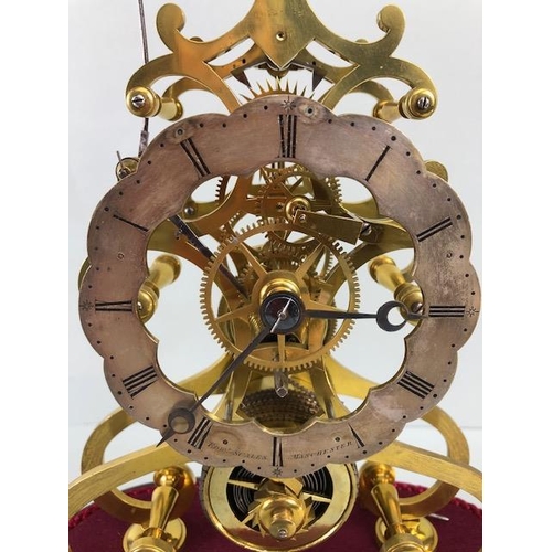 161 - Antique Clock, Victorian brass eight day Fusee skeleton clock, the 11cm silvered and scalloped chapt... 