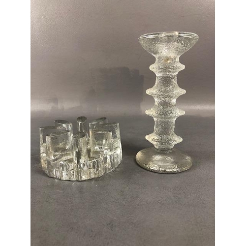 169 - Scandinavian glass, Finnish opaque white glass candlestick approximately 18cm high and a Danish clea... 