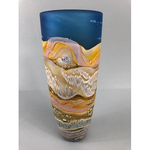 171 - Art Glass, Hand blown studio glass vase, blue frosted glass with marble pattern in tones of brown an... 