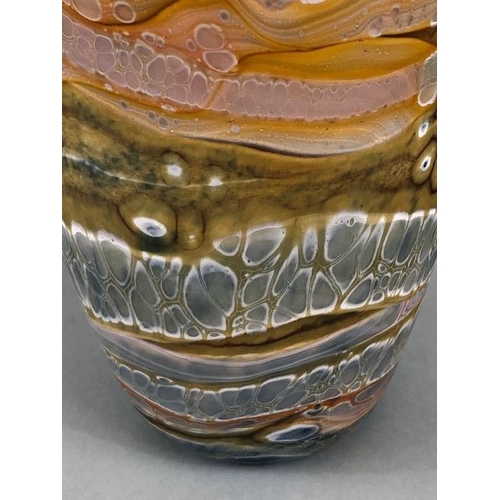 171 - Art Glass, Hand blown studio glass vase, blue frosted glass with marble pattern in tones of brown an... 