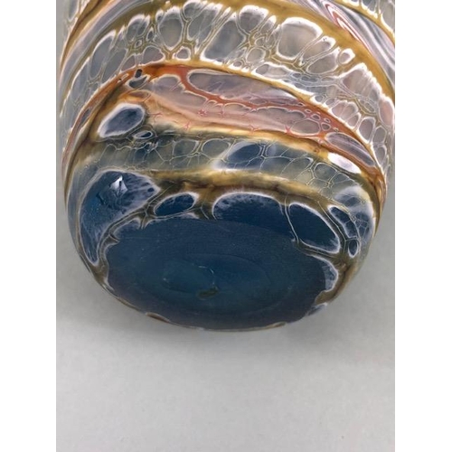 171 - Art Glass, Hand blown studio glass vase, blue frosted glass with marble pattern in tones of brown an... 