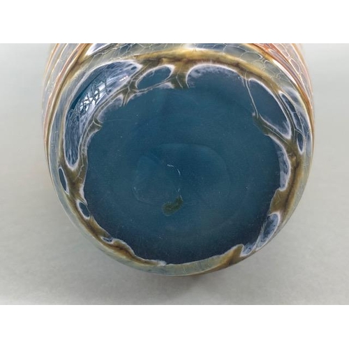 171 - Art Glass, Hand blown studio glass vase, blue frosted glass with marble pattern in tones of brown an... 