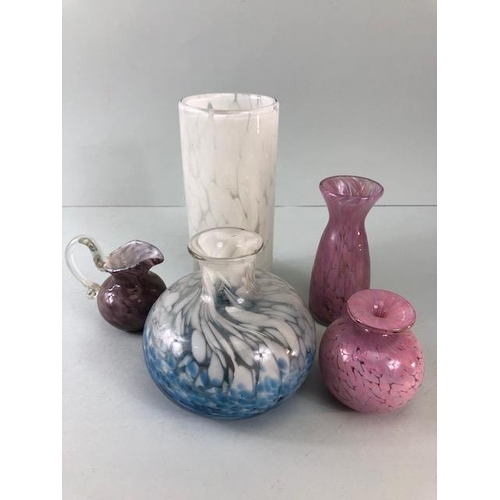 171A - Studio Art Glass, a collection of Mdina splash marble glass to include white cylinder vase, white an... 