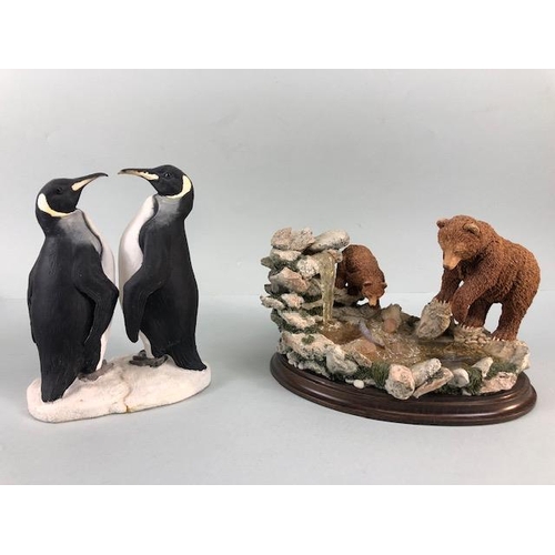 183 - Country artists  figure of mother and baby bear by a waterfall, and nature craft figurine of Emperor... 