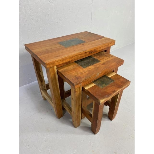 209 - Modern furniture, nest of 3 occasional tables in South American design the tops inlaid with a centra... 