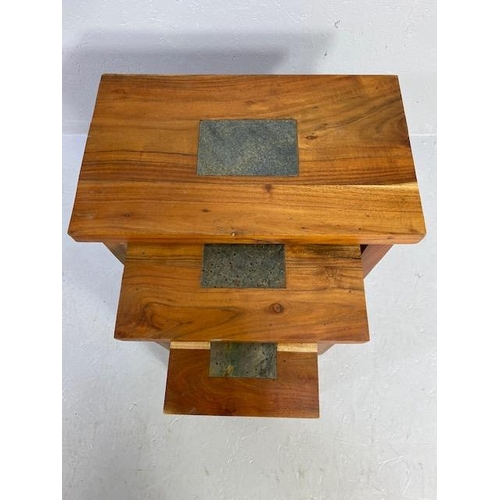 209 - Modern furniture, nest of 3 occasional tables in South American design the tops inlaid with a centra... 