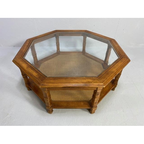 218 - Modern Furniture, octagonal wooden coffee table with insert glass top, woven rattan magazine shelf  ... 