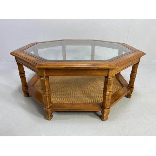 218 - Modern Furniture, octagonal wooden coffee table with insert glass top, woven rattan magazine shelf  ... 