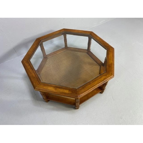 218 - Modern Furniture, octagonal wooden coffee table with insert glass top, woven rattan magazine shelf  ... 