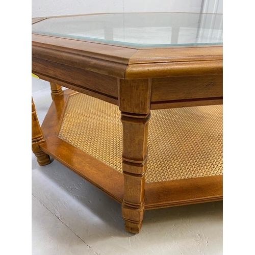 218 - Modern Furniture, octagonal wooden coffee table with insert glass top, woven rattan magazine shelf  ... 