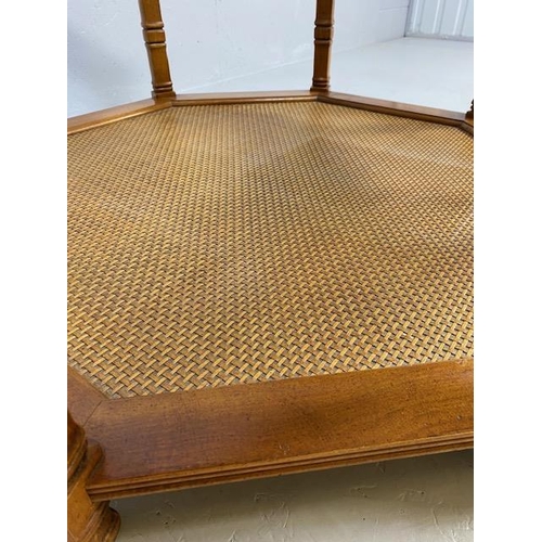 218 - Modern Furniture, octagonal wooden coffee table with insert glass top, woven rattan magazine shelf  ... 