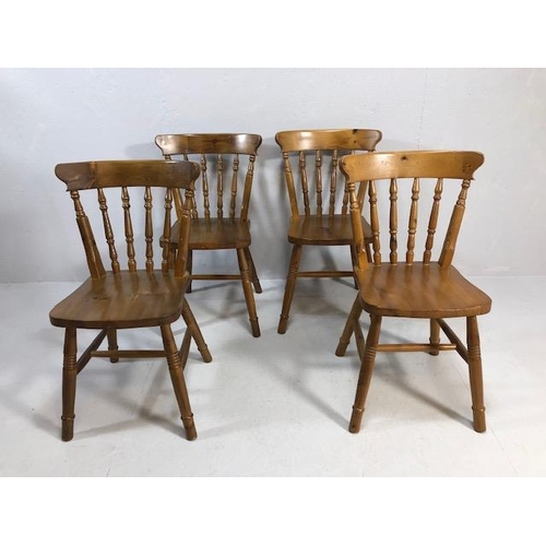 219 - Pine Furniture, 4 modern Pine turned spindle back dining chairs with curved back support  in a Victo... 