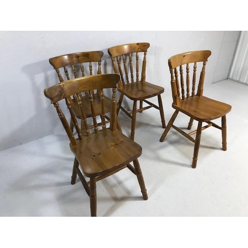 219 - Pine Furniture, 4 modern Pine turned spindle back dining chairs with curved back support  in a Victo... 