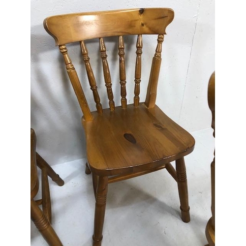 219 - Pine Furniture, 4 modern Pine turned spindle back dining chairs with curved back support  in a Victo... 