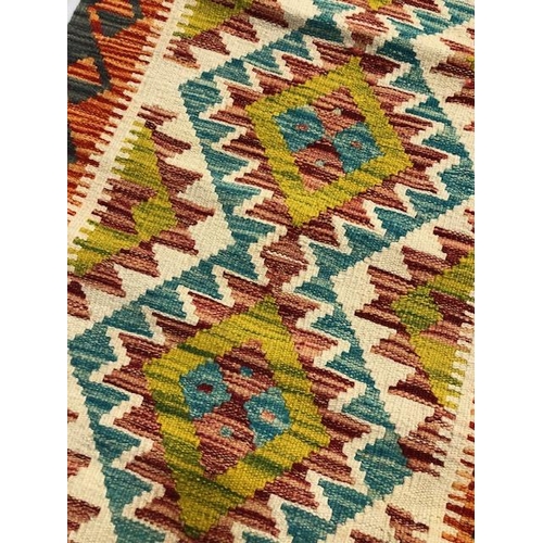 224 - Oriental Carpet ,wool Hand Knotted Chobi Kilim colourful Geometric designs approximately 148 x 67cm