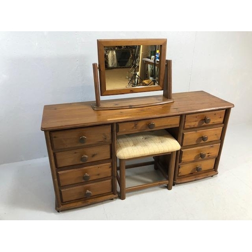 228 - Pine Furniture, modern dressing table on casters, knee hole with 4 drawers each side, matching stool... 