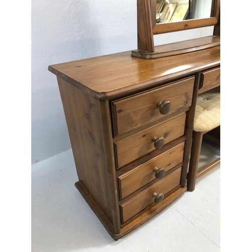 228 - Pine Furniture, modern dressing table on casters, knee hole with 4 drawers each side, matching stool... 