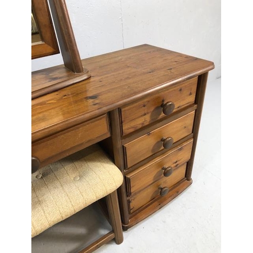 228 - Pine Furniture, modern dressing table on casters, knee hole with 4 drawers each side, matching stool... 