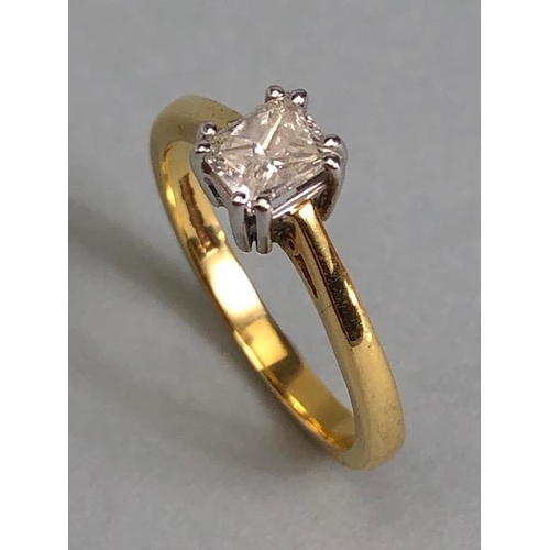 23A - 18ct yellow gold hallmarked, cushion cut solitaire diamond ring approximately size M, 3.18g total