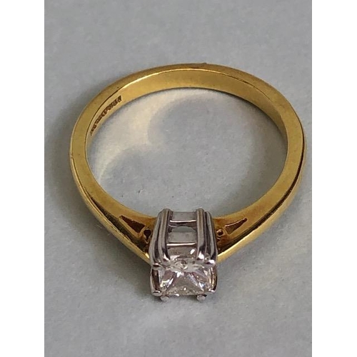 23A - 18ct yellow gold hallmarked, cushion cut solitaire diamond ring approximately size M, 3.18g total