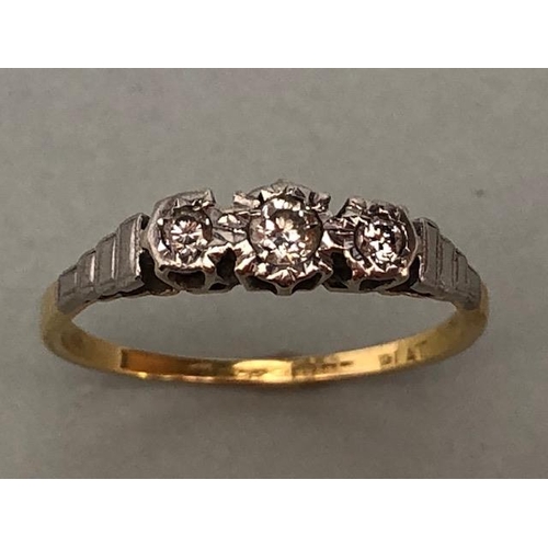 24A - !8ct yellow gold and Platinum 3 stone Diamond ring, approximately size K , and 1.52g