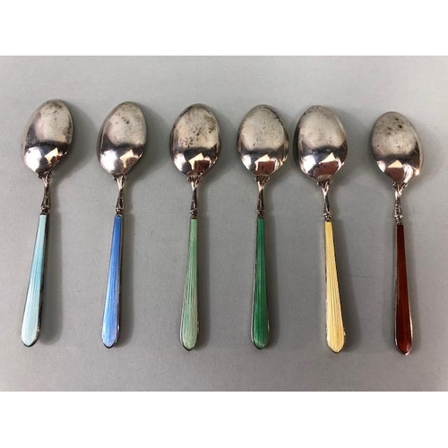 28 - Set of Six hallmarked silver and enamel teaspoons hallmarked for Birmingham by maker C Robathan & So... 