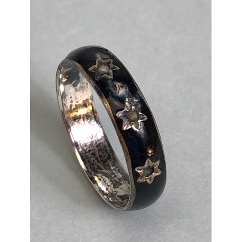 29A - Early Victorian Full Mourning ring, Black enamel on white metal set with seed pearls, Approximately ... 