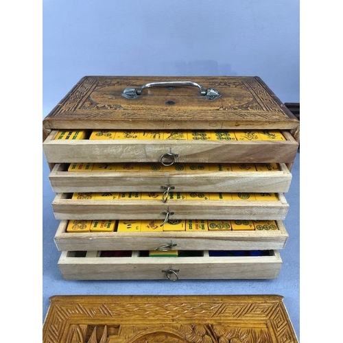 311 - Mah Jong, Vintage Chinese Mah Jong Gaming set in five drawer carved wooden chest, Faux Ivory tiles, ... 