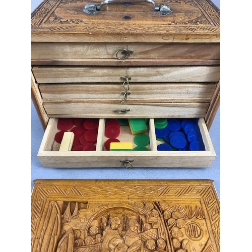 311 - Mah Jong, Vintage Chinese Mah Jong Gaming set in five drawer carved wooden chest, Faux Ivory tiles, ... 